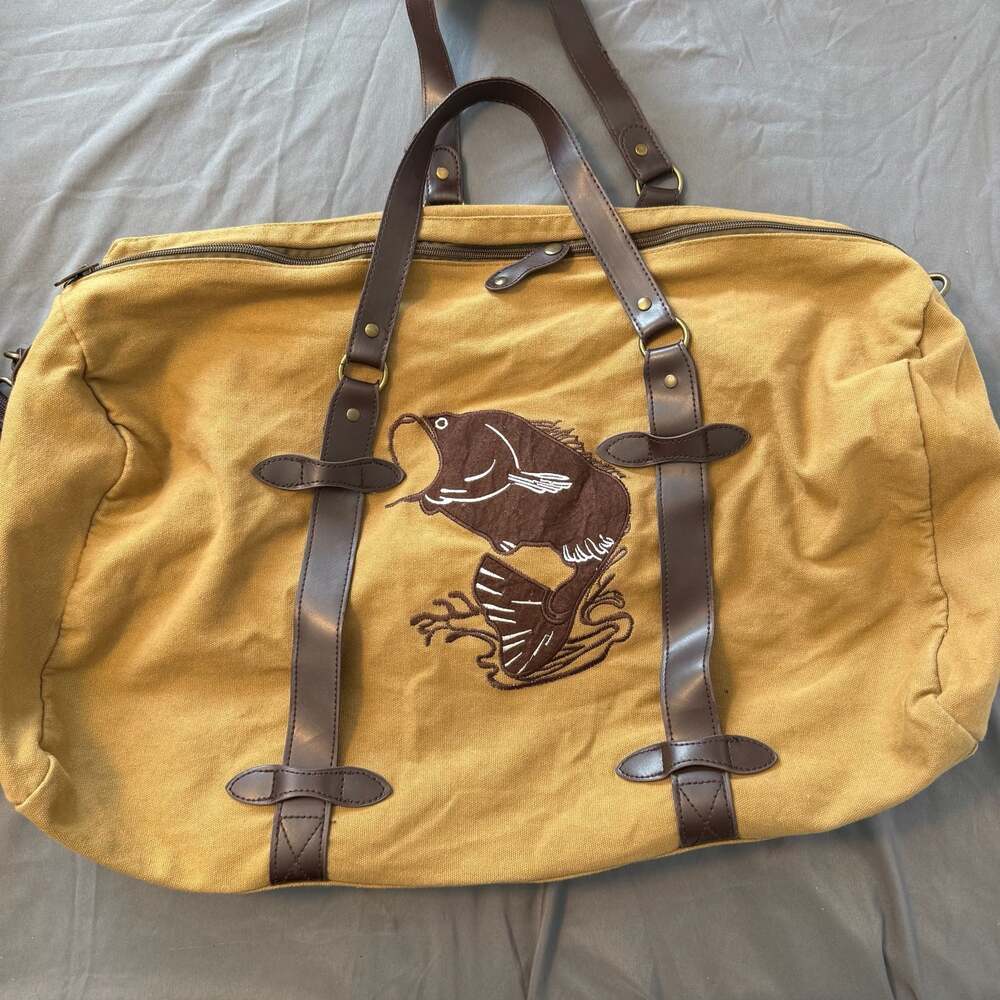 Canvas and Faux Leather Embroidered Fish Duffel Bag
